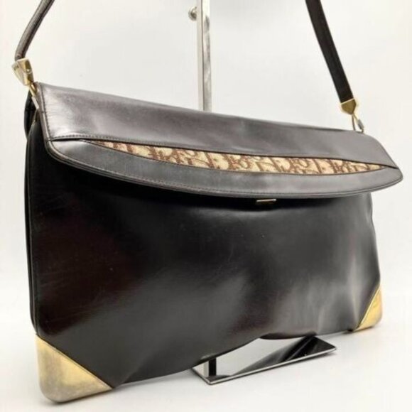 RARE Vintage Dior Brown Leather 2-way Shoulder Bag w Brown Trotter Print - Picture 1 of 10
